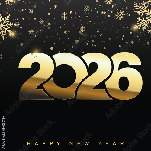 Luxury Happy New Year 2026 with gold snowflakes and glitter. Vector