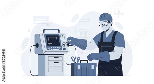 Technician Inspecting Complex Machinery: A Modern Illustration for Industrial Purposes