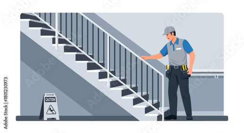 Technician Inspecting Staircase While Wet Floor Warning Sign is Nearby for Safety