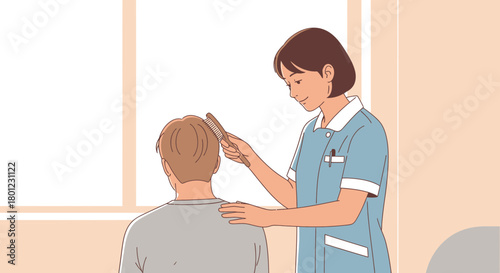 A Nurse Assists A Patient By Combing Their Hair During Daily Care Routine.