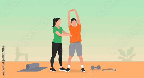 Trainer Assisting With Exercise Regimen, Guiding Athlete Before Fitness Routine Begins Clearly