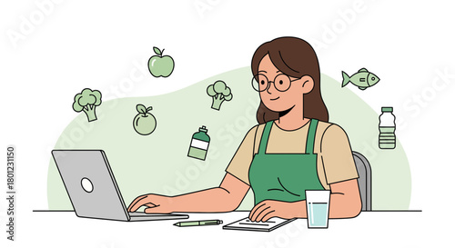 Woman Analyzing Nutrition Information with Laptop, Featuring Healthy Food Icons and Water