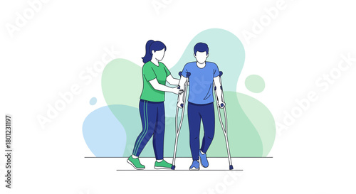 Woman Assisting Man Using Crutches After Injury, Colorful Illustration With Abstract Background