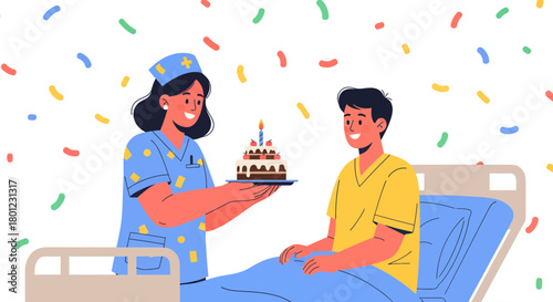 A Nurse Celebrates A Patient's Birthday With Cake And Joyful Confetti In The Hospital