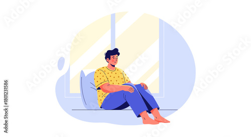 A Person Leaning Against A Pillow And Looking Out of The Window Cartoon Illustration