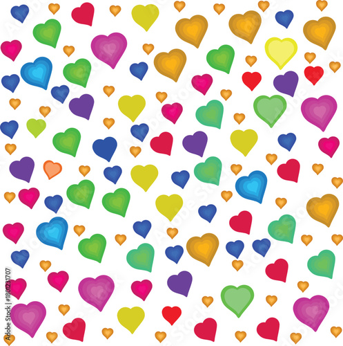 A vibrant seamless pattern of colorful hearts in rainbow hues including pink, red, blue, green, and purple, perfect for Valentine's Day, celebrations, diverse themes, and designs requiring a joyful.