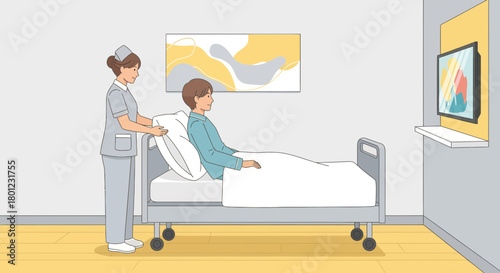 Caring Nurse Adjusting Pillow for Patient in Hospital Room for Medical Assistance