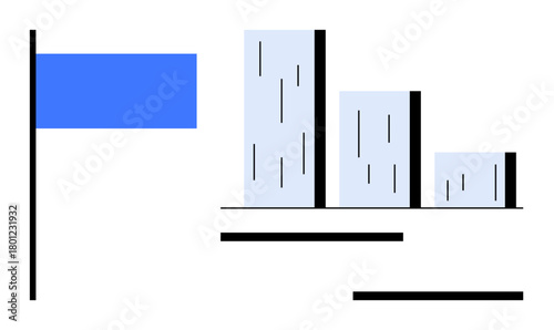 Blue flag alongside descending bar graph illustrating progression, achievements, goals, or completion stages. Ideal for business, success, analysis, strategy, planning progression achievement