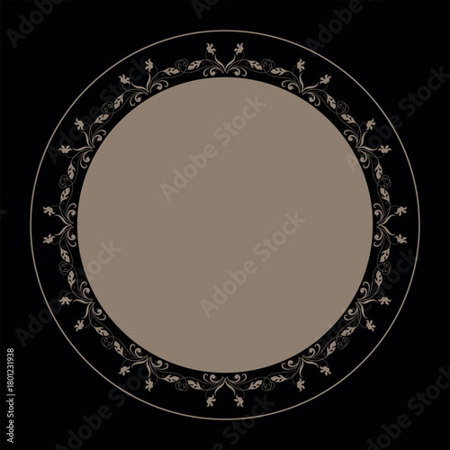 European vector gold round frame with arabesques and floral elements. Elegant element for design in European style, place for text. Lace illustration for invitations, greeting cards, plate, porcelain
