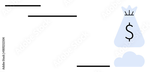 Money bag with dollar sign next to a cloud icon and horizontal lines resembling steps. Ideal for financial growth, investment success, saving strategies, income planning, business progress, wealth