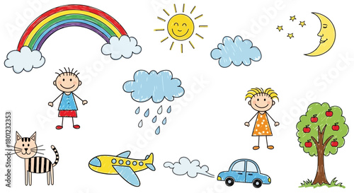Cheerful Kid Drawings of Nature and Playtime Elements