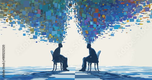 Abstrakte Vektorillustration, die die Verbindung zwischen zwei Personen durch Ideen und Kommunikation darstellt.