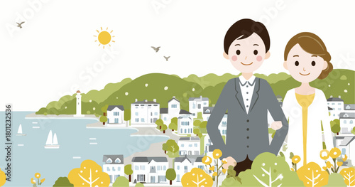 Vektorillustration eines glücklichen Paares, das einen sonnigen Tag in einer malerischen Küstenstadt genießt, perfekt für Reise- und Lifestyle-Themen.