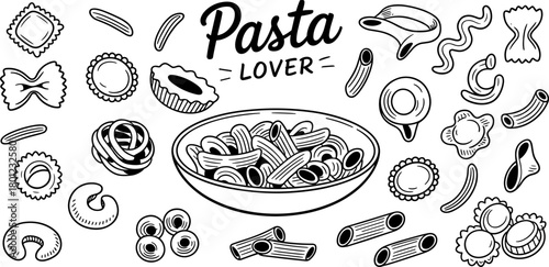 Pasta lover collection of hand drawn pasta shapes food