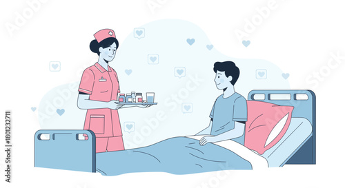 Caring Nurse Delivering Medication To A Patient Recovering In A Hospital Bed