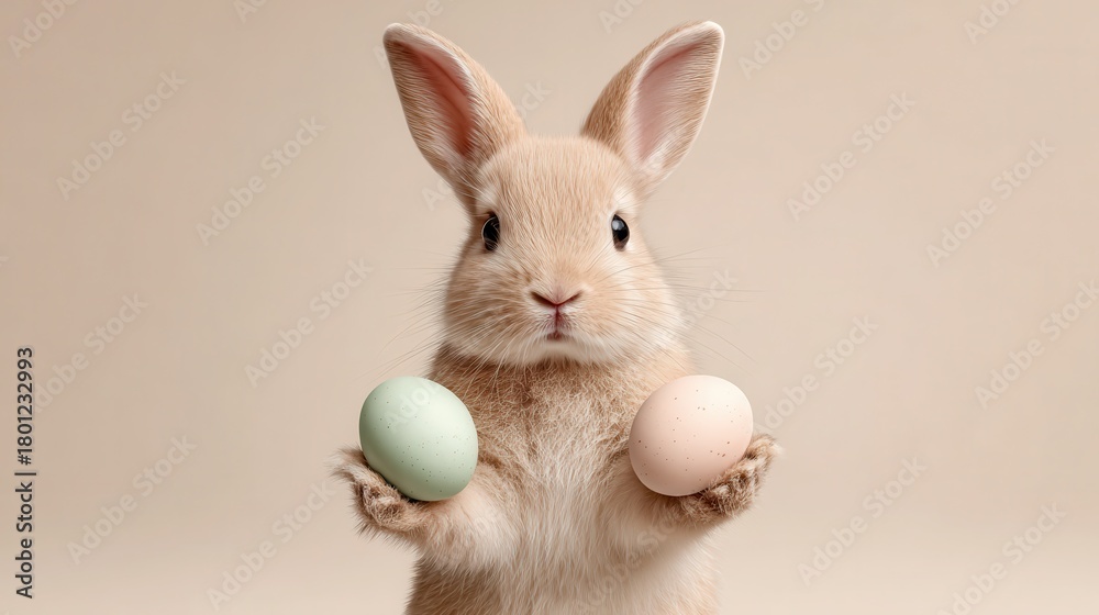 Obraz premium Realistic rabbit standing upright, holding colorful eggs during a cheerful spring celebration. Easter