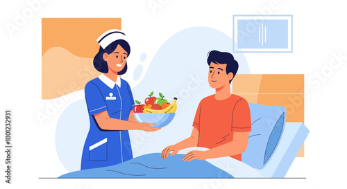 Caring Nurse Offering Fresh Fruits To Patient for Healthcare Wellbeing Illustration