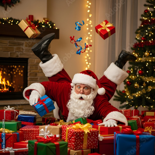 Santa Stumbles Over Presents A somewhat clumsy Santa stumbles over a pile of presents, with a hilariously shocked expression and his Christmas hat slightly off