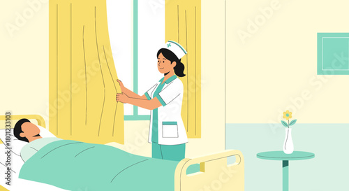 Caring Nurse Opens Window Curtains for Patient, Brightening Healthcare Environment