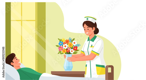 Caring Nurse Presents Flowers to Recovering Patient in Hospital Room Setting
