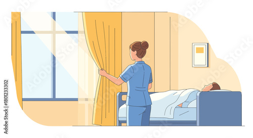 Caring Nurse Reveals Window Sunlight To A Patient In A Hospital Recovery Room