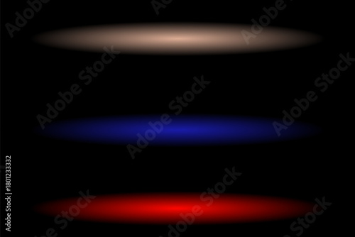 Set of 3 colors red, blue, gold spotlight on the dark black stage floor background, vector illustration design element for effect on product