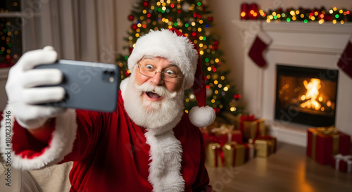 Santa holding a phone and trying to take a selfie, probably with a funny facial expression and a slightly unkempt beard