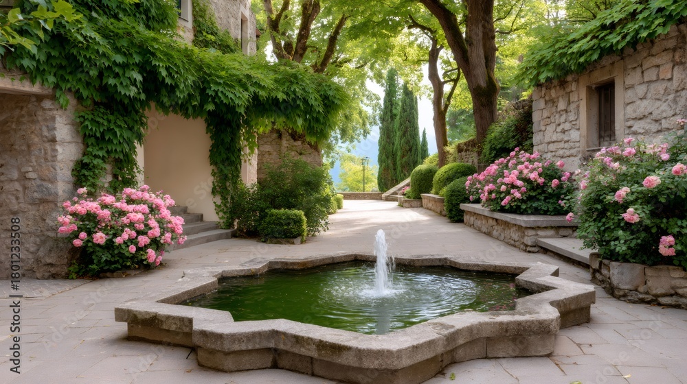 Obraz premium Stone fountain splashing water in a beautiful garden courtyard