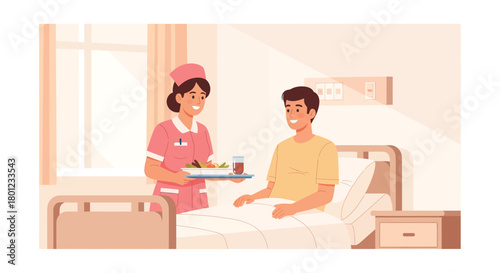 Caring Nurse Serves Smiling Patient Food In Bright Hospital Illustration Scene