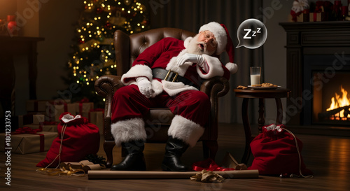 Santa fast asleep in a plush chair after delivering presents, with his hat tilted and his mouth slightly open, perhaps with Zzz bubbles above it