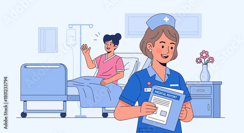 Cheerful Nurse Delivering Medical Report To Patient In Hospital Room Environment