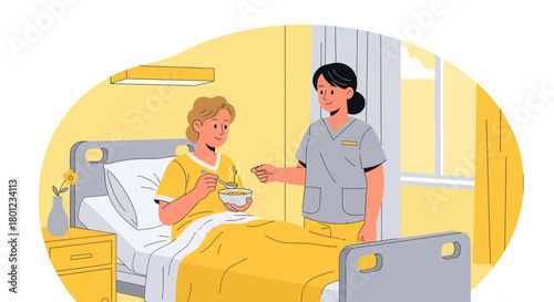 Compassionate Nurse Assisting Patient, Providing Nourishment for Speedy Recovery, Vector