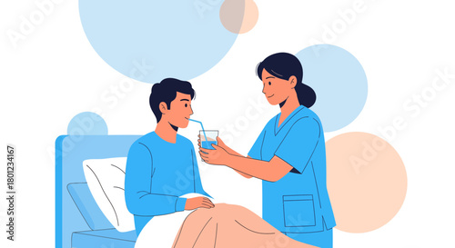 Compassionate Nurse Assisting Patient, Providing Hydration, Maintaining Care and Support