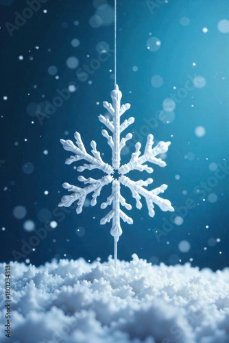 Abstract Christmas Tree Snowflake Geometric Design with Falling Snow Effect An abstract, geometric snowflake with sharp, precise lines forming a stylized Christmas tree shape. The snowflake is a crisp