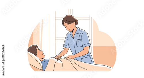 Compassionate Nurse Gently Tucks Patient In Bed Providing Comfort and Care, Ensuring Wellness