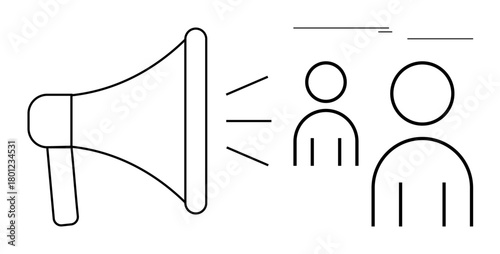 Megaphone emits sound waves toward two simple human icons. Ideal for marketing, communication, promotion, advertisement, social awareness, public speaking, broadcasting. Simple flat metaphor