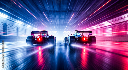 Two sleek race cars speed on a futuristic track, surrounded by dynamic light streaks and motion blur, creating an intense, high-energy scene. 