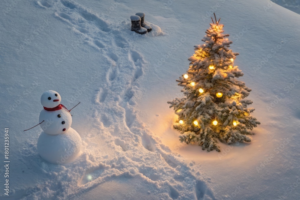 Fototapeta premium Snowy Winter Wonderland with Christmas Tree, Snowman, Footprints, and Cozy Boot