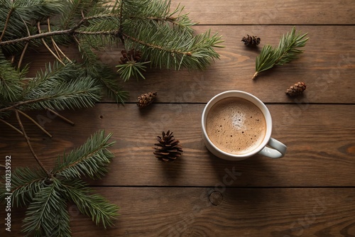 Cozy Winter Scene with Coffee Cup and Pine Branches on Rustic Wooden Table