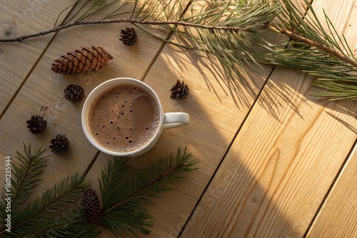 Cozy Warm Beverage with Pine Cones and Greenery on Rustic Wooden Table