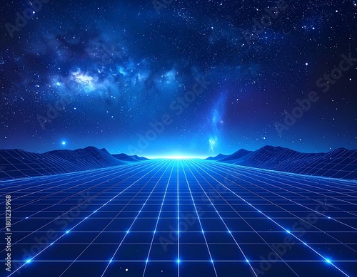 Digital landscape with grid, stars, mountains, & bright light. Cosmic sky