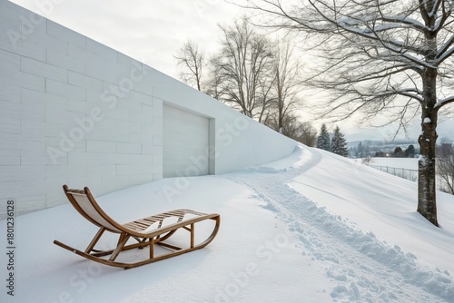 Tranquil Winter Scene with Wooden Deck Chair in Snowy Landscape Near Modern Architecture