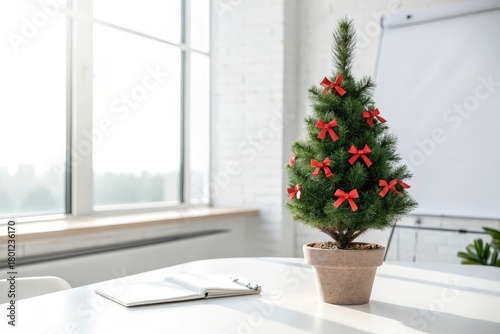 Mini Christmas tree with red bows in bright office space near notepad and window light