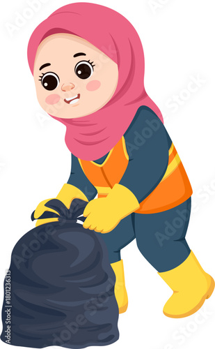 Illustration of Muslim Woman Cleaning Up Trash