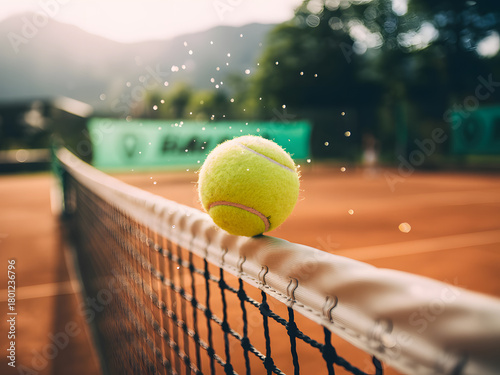 Tennis ball balanced on net on clay court with water droplets