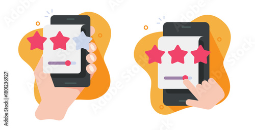 Give feedback rating reviews stars on mobile cell phone icon vector graphic modern design illustration set, flat cartoon customer hand giving testimonials reward on cellphone smartphone screen