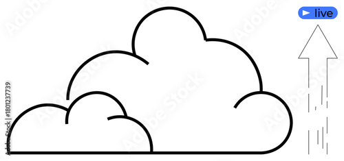 Large outlined cloud with an arrow pointing upward, indicating data upload or growth, and a live streaming badge. Ideal for technology, innovation, data transfer, cloud computing, networking, digital