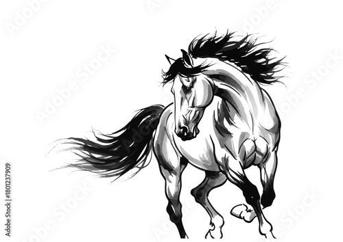 水墨画風の馬のイラスト、乗馬、競馬、ベクター素材