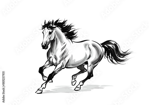 水墨画風の馬のイラスト、乗馬、競馬