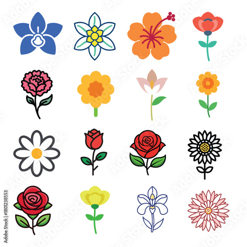 A collection of 16 flower icons. Vector icon set